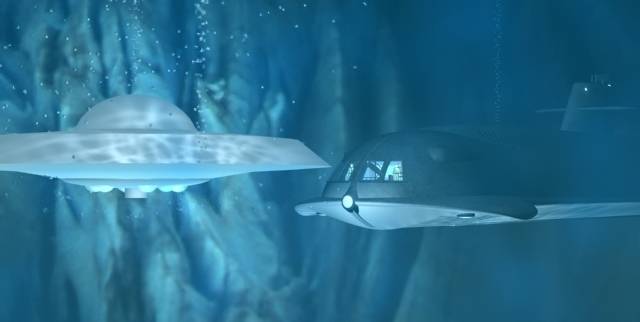 A smaller saucer emberges and makes its way toward Seaview.