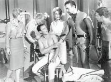 Joan Fontain, John Litel, Robert Sterling, Barbara Eden, Michael Ansara and Frankie Avalon in missile room.